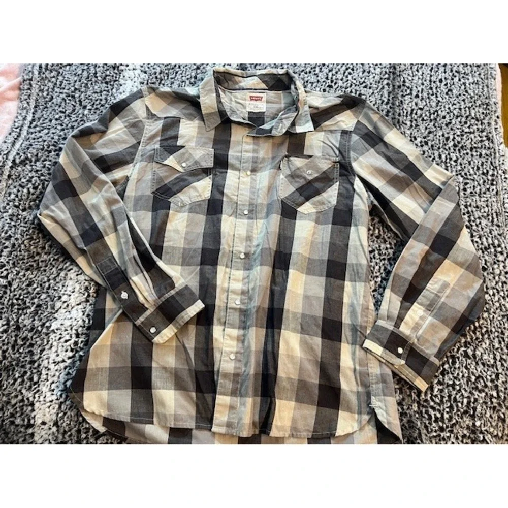 Men's Levi Strauss Two Horse Brand Black & White Plaid Pearl Button Up Shirt XXL